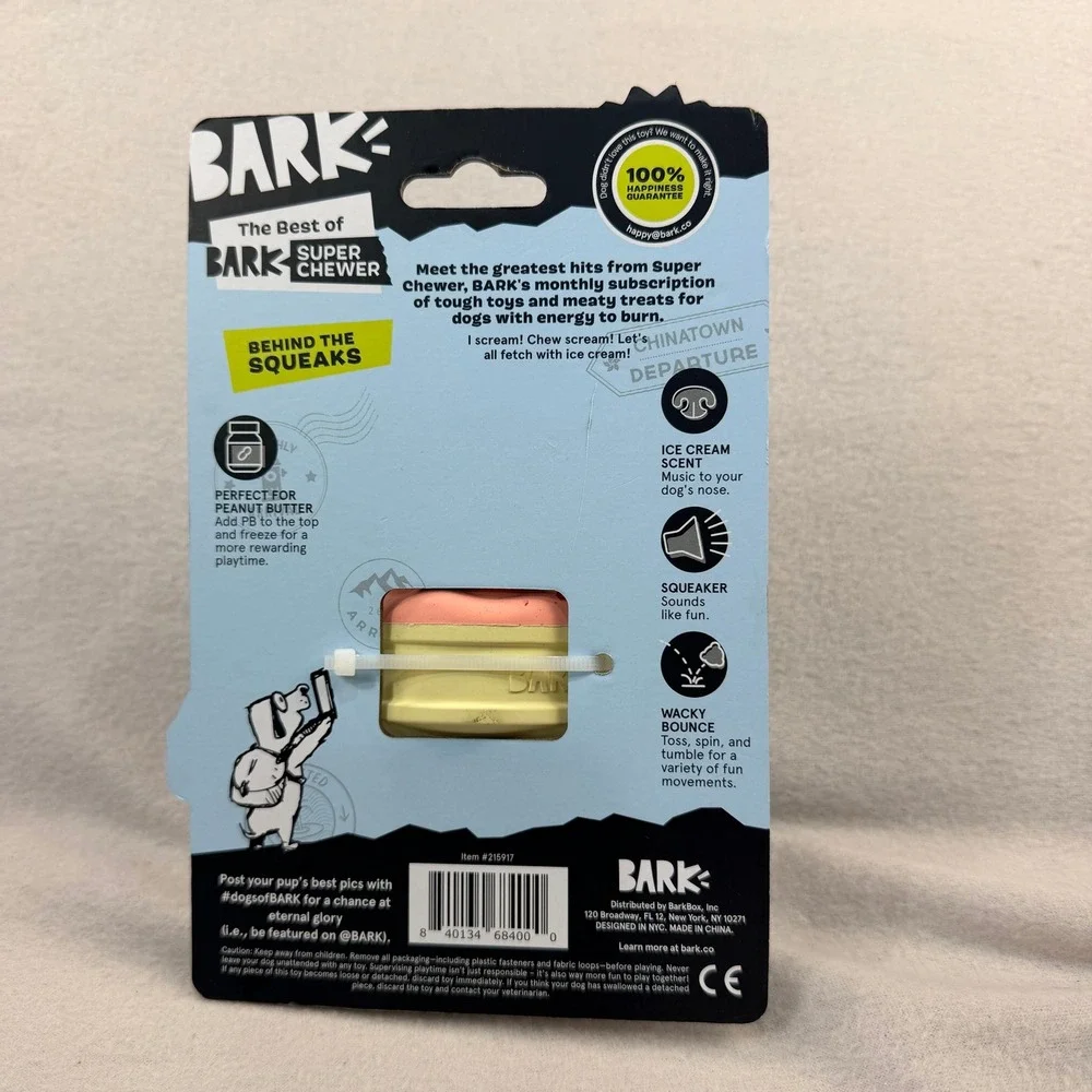 BARK Super Chewer I-Squeak Cone Dog Toy Pink Yellow Ice Cream Scented M-L 215917